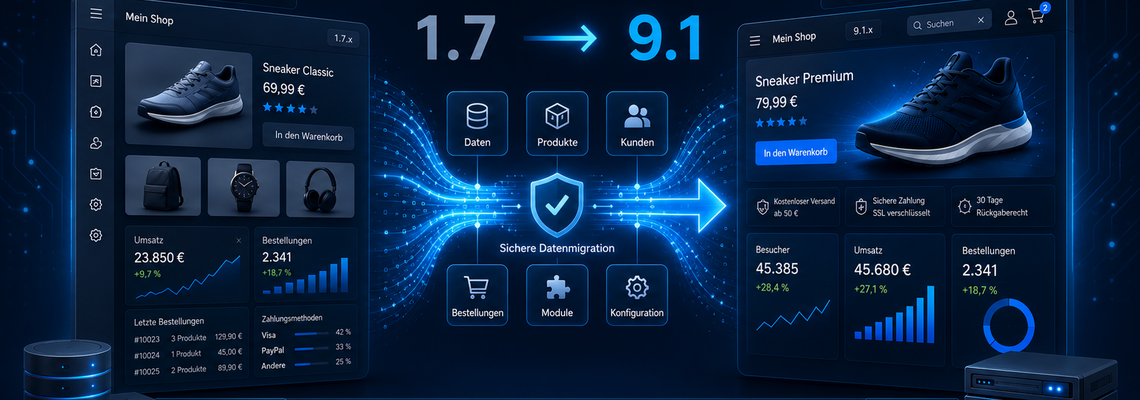 PrestaShop 1.7 to 9.1 migration dashboard showing database and module updates.