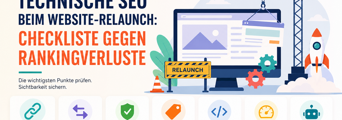 Illustration einer technischen SEO-Checkliste für einen Website-Relaunch mit URLs, Redirects, Canonicals, Meta-Daten, strukturierten Daten, Performance und Crawling