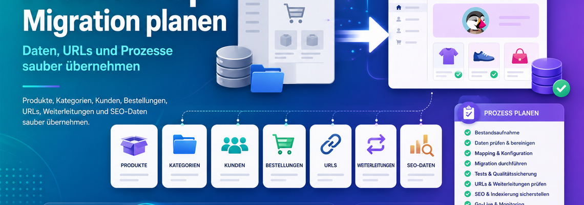 Illustration einer PrestaShop-Migration mit Übernahme von Produkten, Kategorien, Kunden, Bestellungen, URLs, Weiterleitungen und SEO-Daten