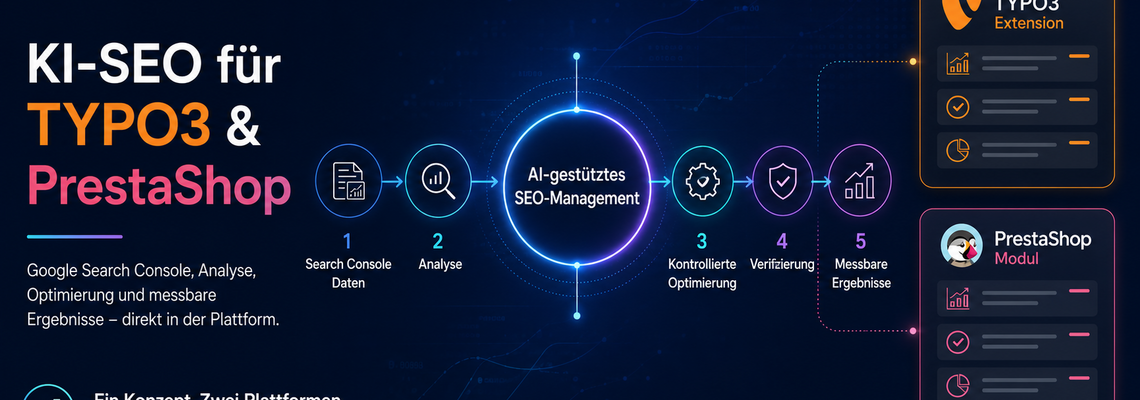 Infografik zu KI-gestütztem SEO-Management für TYPO3 und PrestaShop