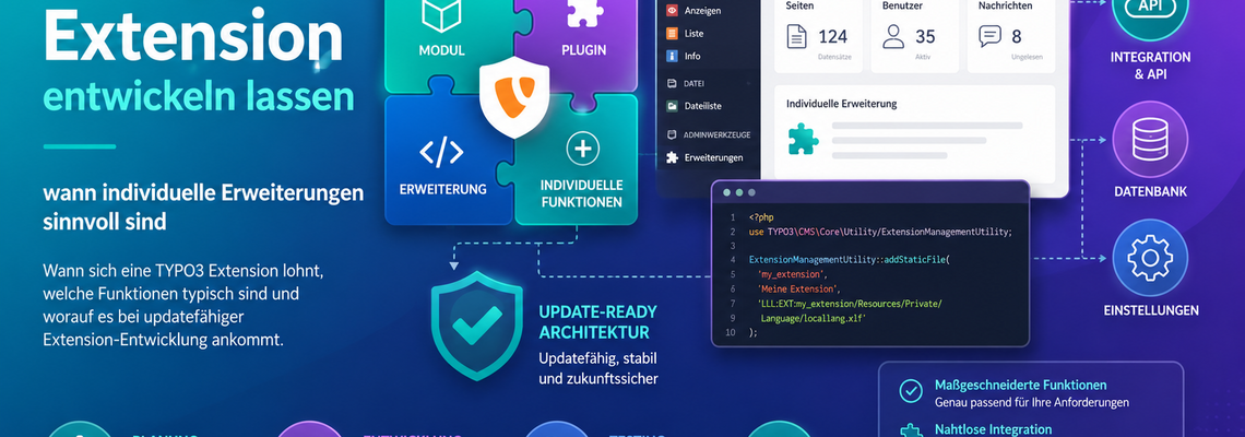 Illustration zur individuellen TYPO3-Extension-Entwicklung mit Modulen, Plugins, Backend-Integration und updatefähiger Architektur