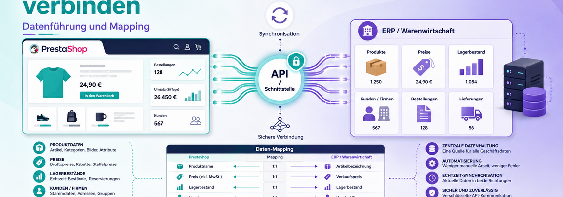Illustration der PrestaShop-ERP-Integration mit Datenfluss zwischen Onlineshop, ERP und Warenwirtschaft für Produkte, Preise, Bestände und Bestellungen.