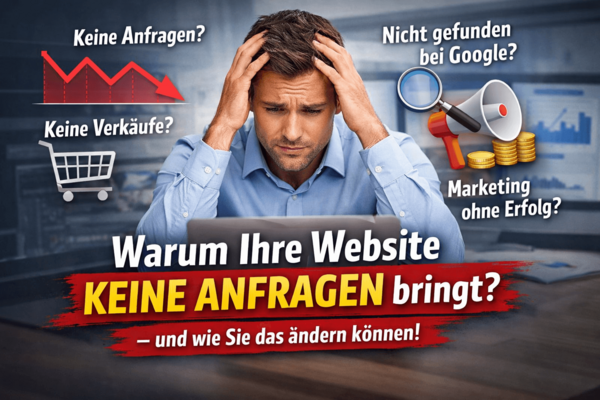 Frustrierter Unternehmer vor Laptop mit fallenden Statistiken als Symbol für fehlende Website-Anfragen, schlechte Rankings und ineffektives Online-Marketing.