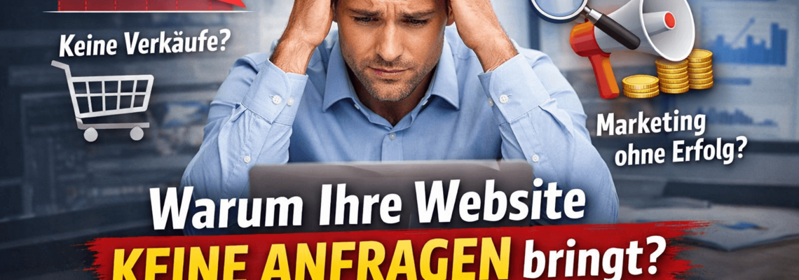 Frustrierter Unternehmer vor Laptop mit fallenden Statistiken als Symbol für fehlende Website-Anfragen, schlechte Rankings und ineffektives Online-Marketing.