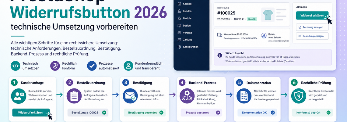 Illustration zur technischen Umsetzung des PrestaShop Widerrufsbuttons 2026 mit Bestellzuordnung, Bestätigung, Backend-Prozess und rechtlicher Prüfung