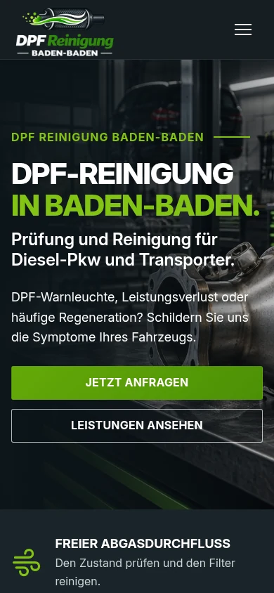 DPF Reinigung Baden-Baden – TYPO3-Website – Smartphoneansicht