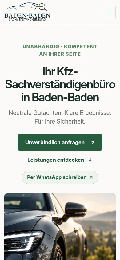 Kfz-Sachverständigenbüro Baden-Baden – TYPO3-Website – Smartphoneansicht